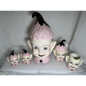 VINTAGE PINK PIXIE SET, Cookie Jar, S&P, Sugar& Creamer, Dated 1961